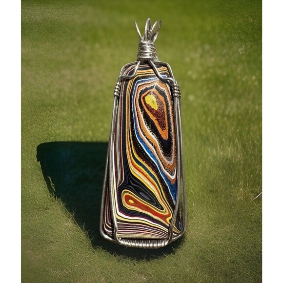 Fordite Cabochon Detroit Motor City Stone Sterling Silver Pendant Wire Wrap